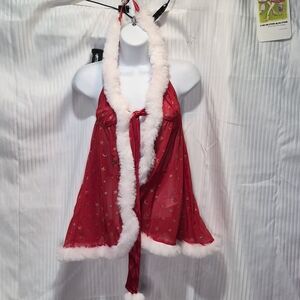 Red Holim Sheer Halter Babydoll with White Faux Fur Trim